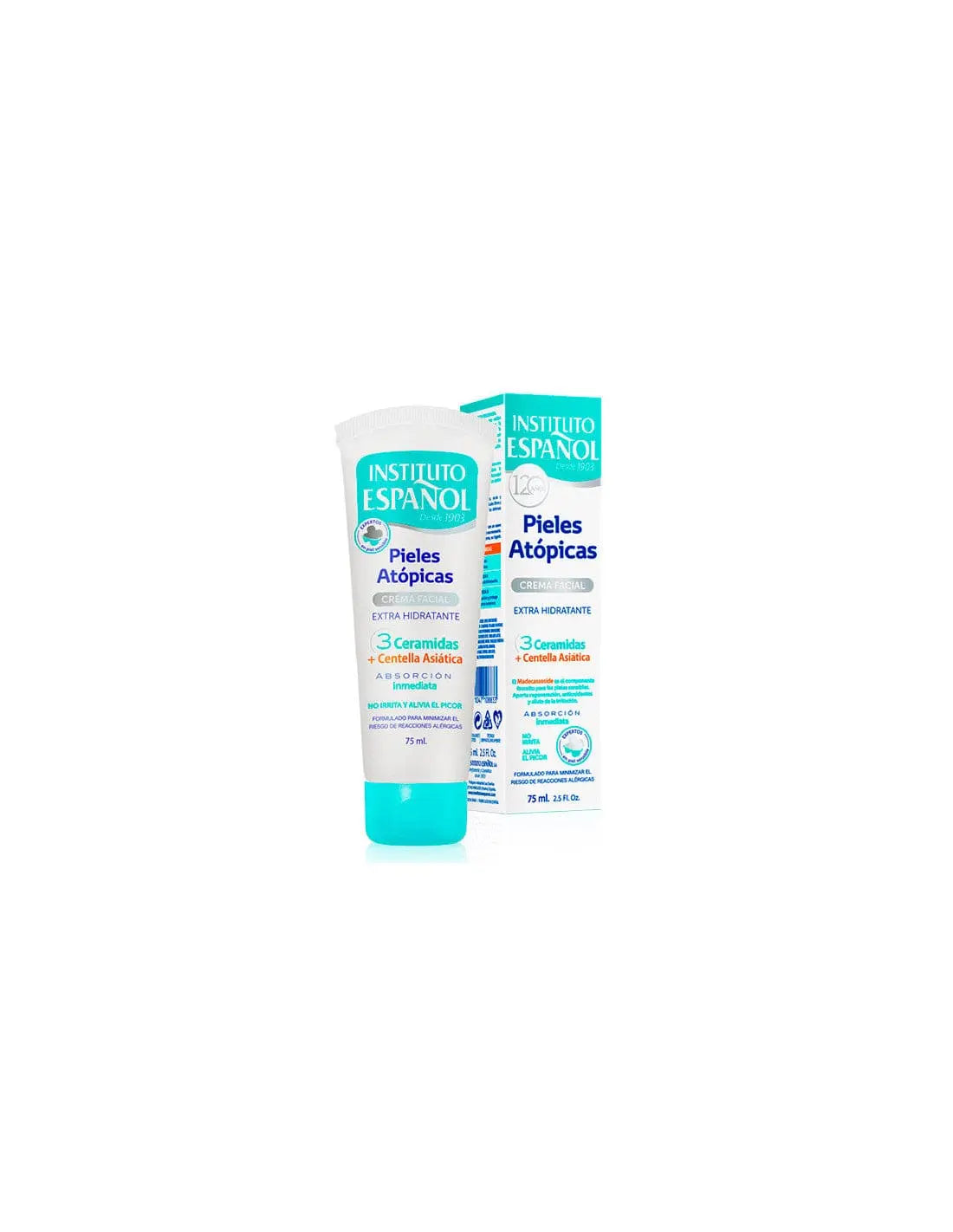 Instituto Español Pieles Atopica facial cream jar with 75ml size, displayed with its packaging and label.