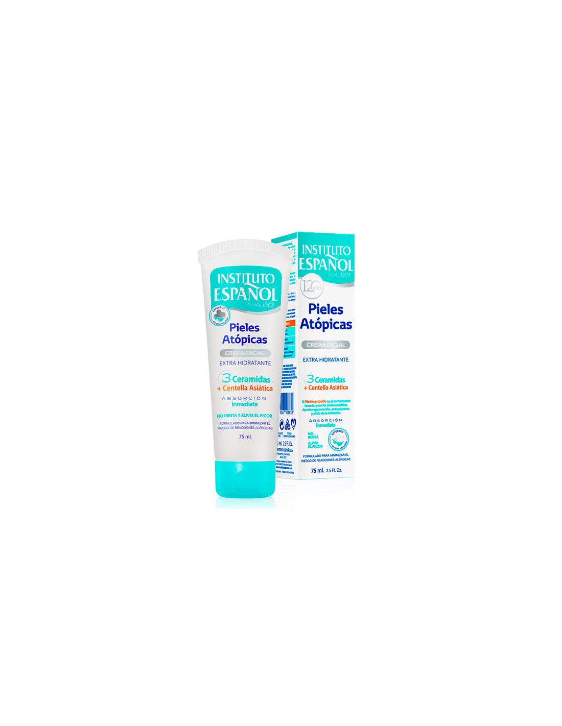 Jar of Instituto Español Pieles Atópicas facial cream in 75ml container, with a simple, clean design and product label visible.