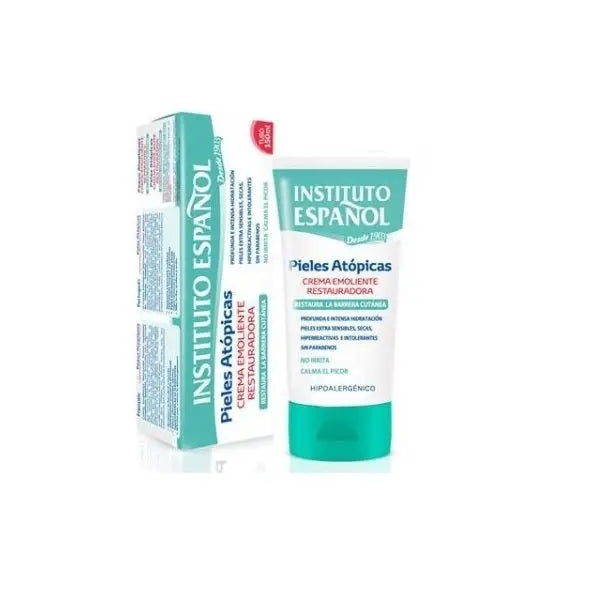 Instituto Español Restoring Emollient Cream for atopic skin, 150ml, with a white jar and blue label showing on the product.