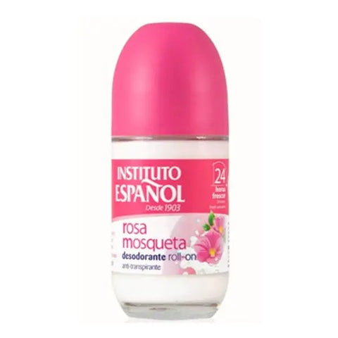 Instituto Español Rosa Mosqueta Deo Roll-On 75ml bottle with pink cap and white label, displayed on a plain background.