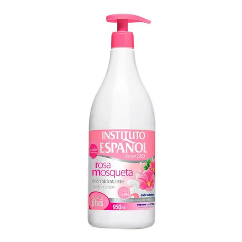 Instituto Español Rosa Rubiginosa Body Lotion 950ml bottle with pink label and pump, displayed on a neutral background.