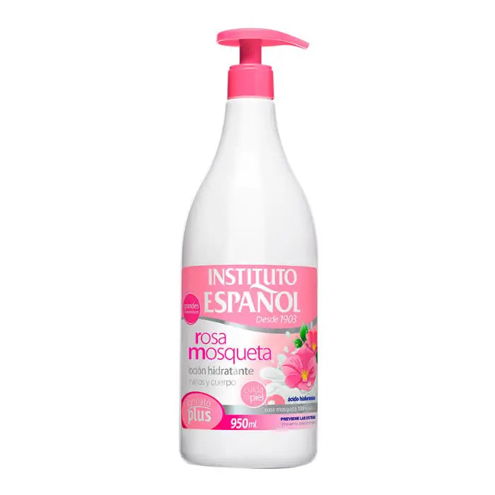 Instituto Español Rosa Rubiginosa Body Lotion 950ml bottle, featuring pink rose scent and softening formula.