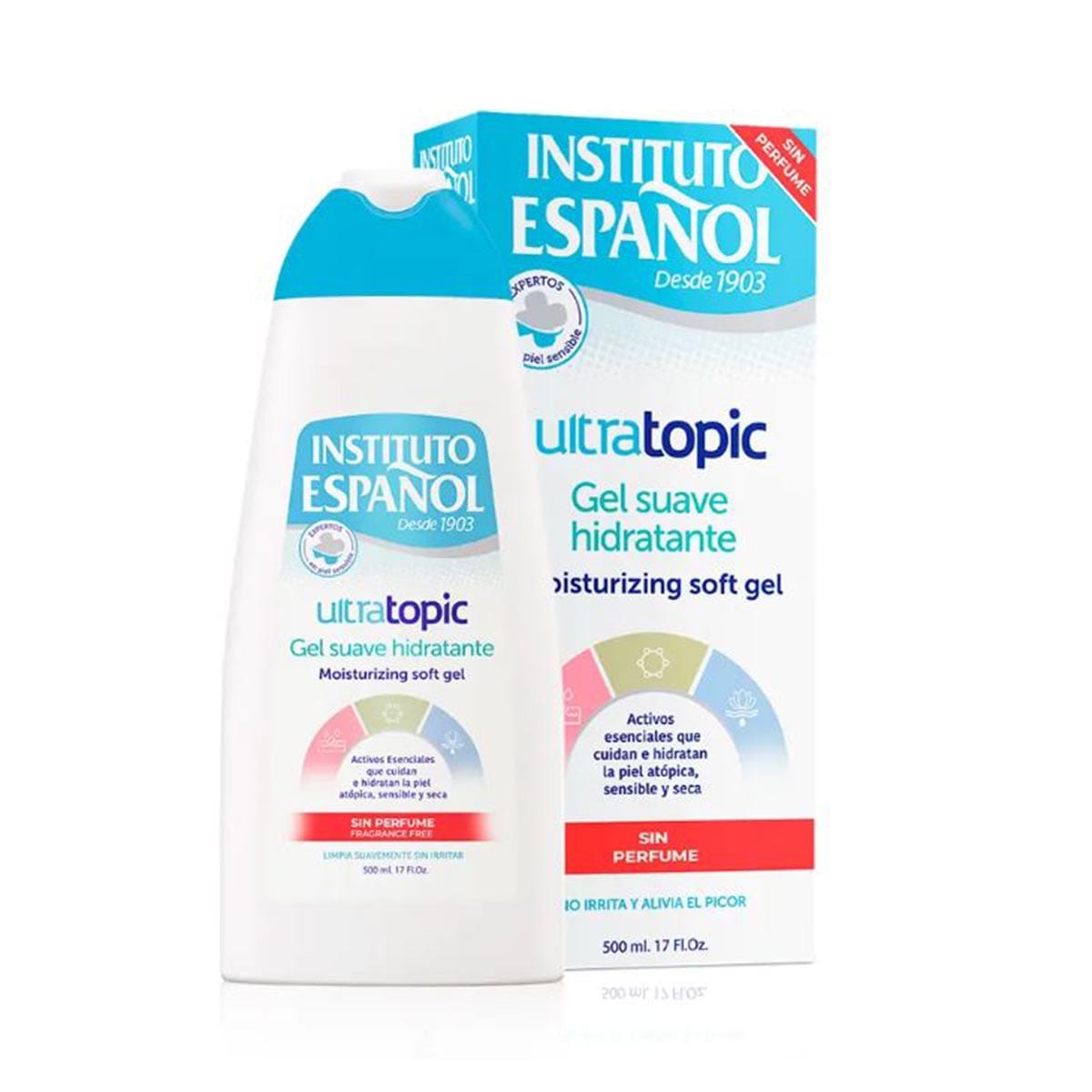 Instituto Español Ultratopic Gel Hidratante Suave sin perfume, 500ml, in a clear bottle with a blue cap, suitable for sensitive skin