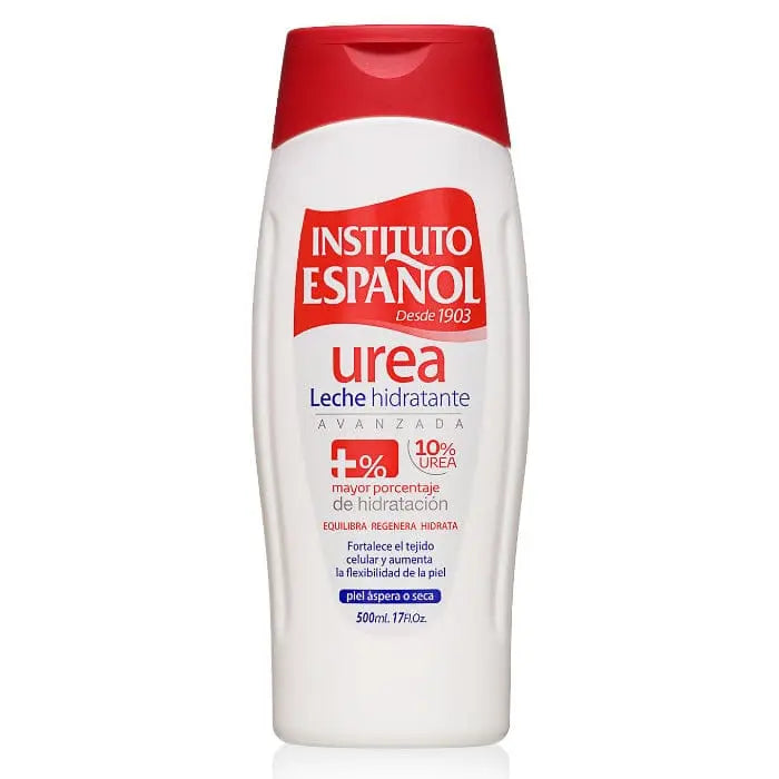 Instituto Español Urea Body Milk 500ml bottle with white cap and label, displayed on a plain background.