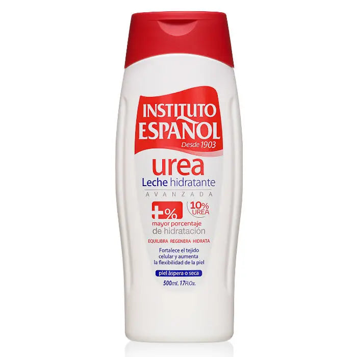 Instituto Español Urea Body Milk 500ml bottle with white cap and label, featuring smooth, moisturizing body lotion from Jag Couture London.