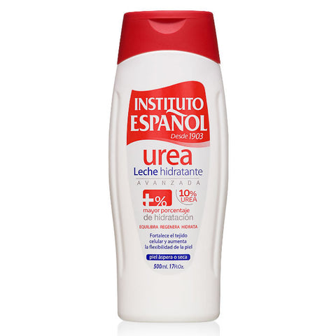 Instituto Español Urea Body Milk 500ml bottle with label, featuring a white plastic container and blue accents.
