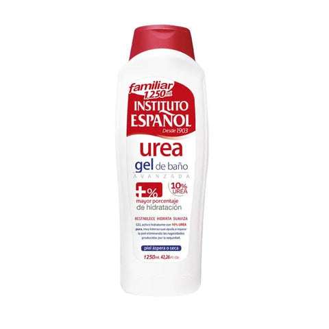 Instituto Español Urea Shower Gel in 1250ml bottle, displayed with branding and packaging details.