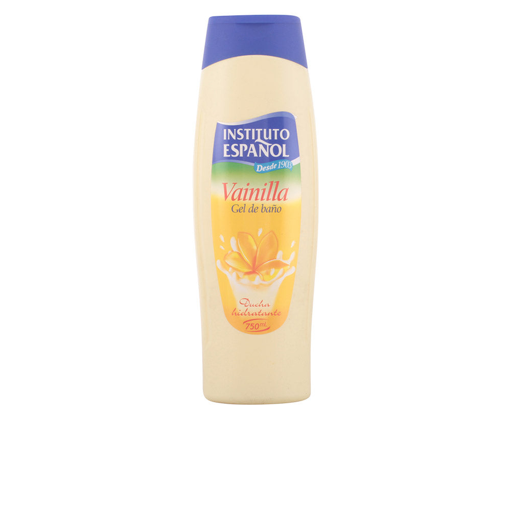 Instituto Español Vainilla shower gel in 750ml bottle by Jag Couture London New York, with vanilla scent and clear plastic packaging