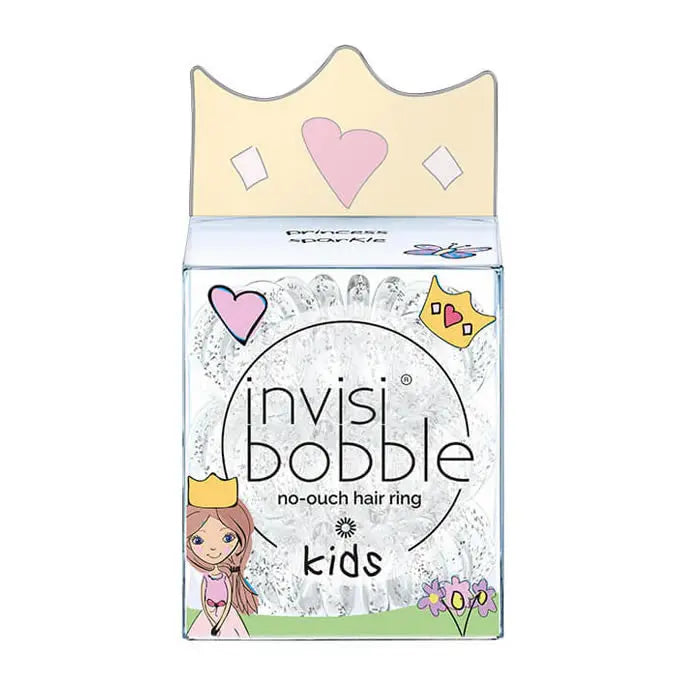 Three Invisibobble Kids Princess Sparkle hair ties by Jag Couture London, featuring glittery designs for children.