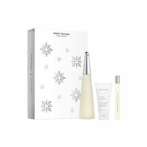Issey Miyake L'Eau D'Issey Eau De Toilette spray 100ml set with three pieces, featuring elegant glass bottles and minimalist design.
