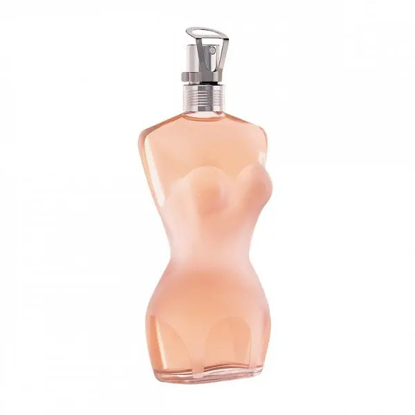Jean Paul Gaultier Classique Eau De Toilette spray 100ml, stylish bottle with floral and feminine design, on a neutral background.