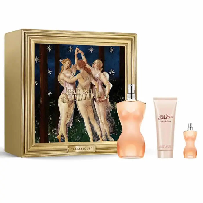 Set of three Jean Paul Gaultier Classique Eau de Toilette sprays in 100ml bottles, elegant packaging, and stylish design.