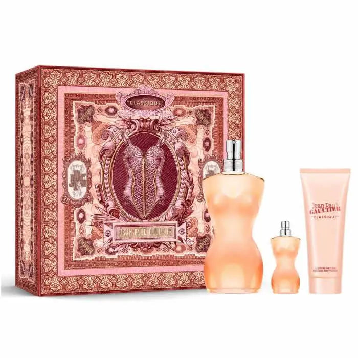 Set of three Jean Paul Gaultier Classique Eau De Toilette Spray 100ml bottles, featuring floral and oriental fragrance packaging.