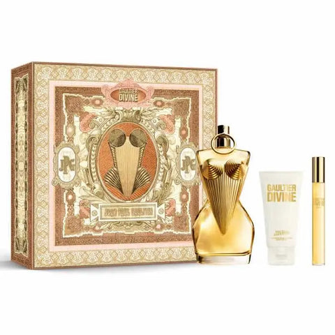 Set of three Jean Paul Gaultier Divine Eau de Perfume sprays in 100ml bottles, stylish packaging, by Jag Couture London New York.