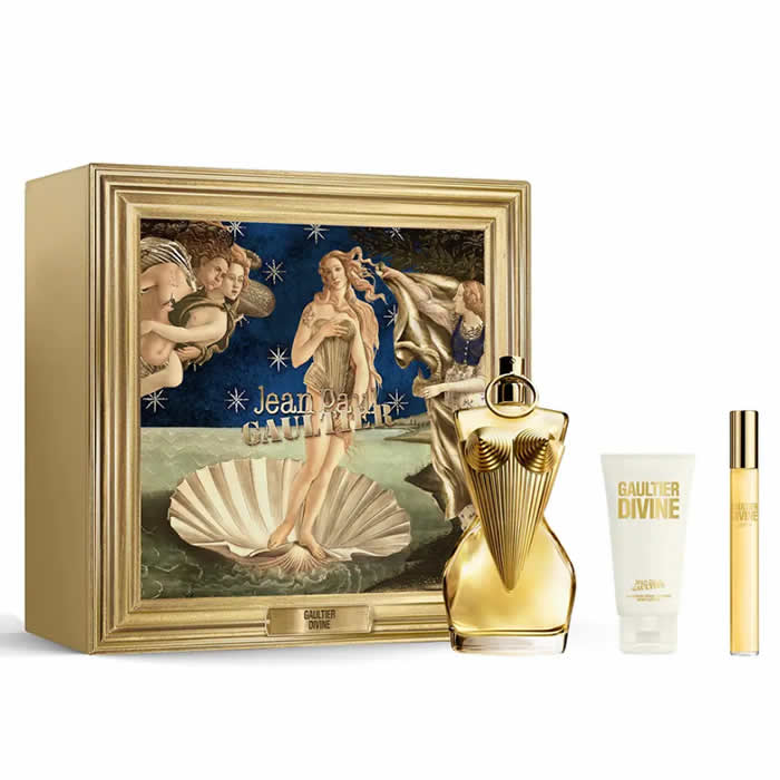 Set of three Jean Paul Gaultier Divine Eau De Perfume spray bottles, 100ml each, by Jag Couture London New York.