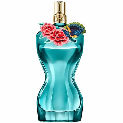Jean Paul Gaultier La Belle Paradise Garden perfume spray 50ml with floral and fruity notes, elegant bottle design.