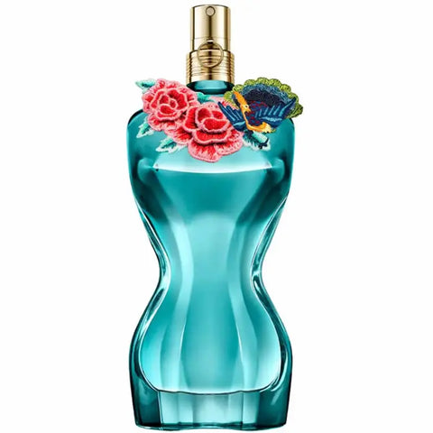 Jean Paul Gaultier La Belle Paradise Garden perfume spray 50ml with floral and fruity notes, elegant bottle design.