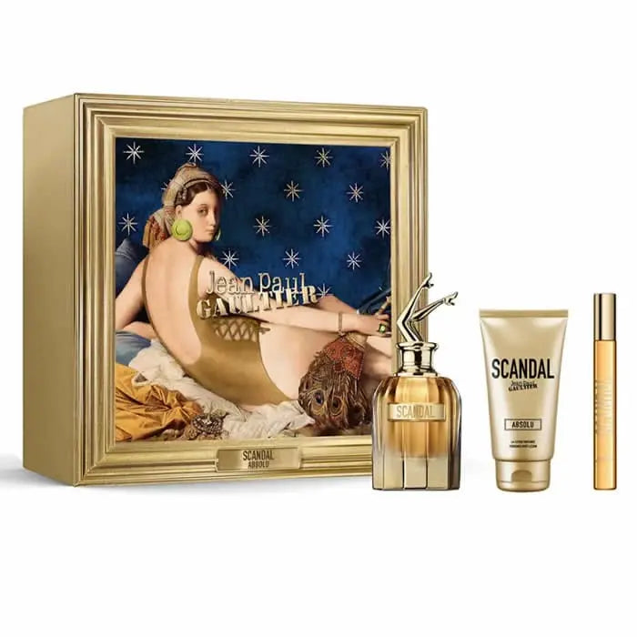 Set of three Jean Paul Gaultier Scandal Absolu parfum concentrate spray bottles, each 80ml, displayed with elegant packaging.