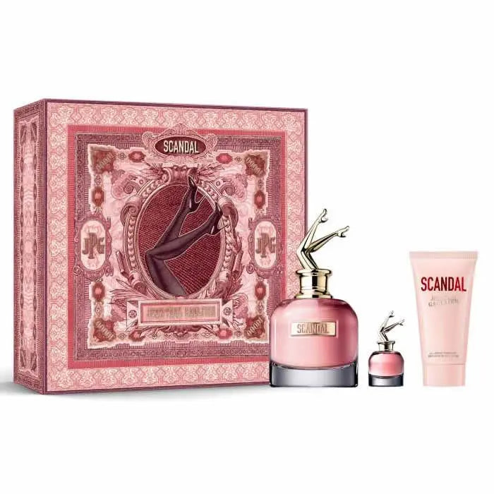 Set of three Jean Paul Gaultier Scandal Eau de Perfume Spray 80ml bottles, featuring bold floral and citrus scent designs.