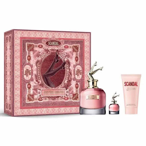Jean Paul Gaultier Scandal Eau de Parfum spray set with three 80ml bottles, featuring elegant perfume packaging and design.