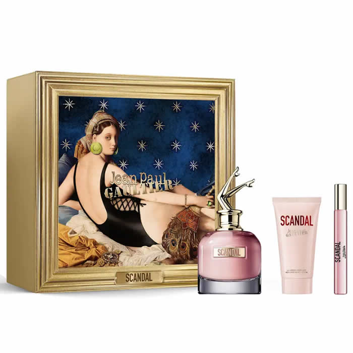 Set of three Jean Paul Gaultier Scandal Eau de Perfume sprays, 80ml each, featuring distinctive fragrance bottles with bold design.
