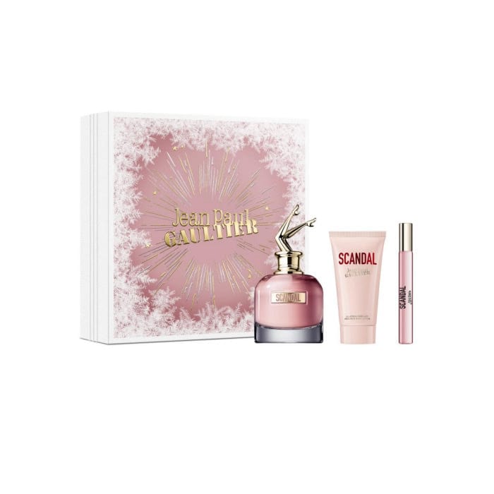 Set of three Jean Paul Gaultier Scandal Eau de Perfume Spray 80ml bottles, featuring elegant packaging for Christmas 2023.