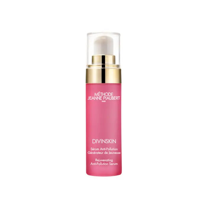 Jeanne Piaubert Divinskin Anti-Pollution Serum 30ml bottle on a clean surface, showcasing sleek packaging and label details.