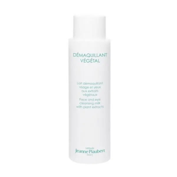Jeanne Piaubert Vegetal Cleansing Milk 400ml in a white bottle, displayed alongside branding elements.