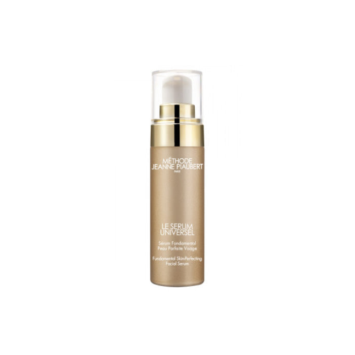 Jeanne Piaubert Le Serum Universel 30ml in a clear glass bottle with a silver cap, featuring elegant branding and a minimalist design.