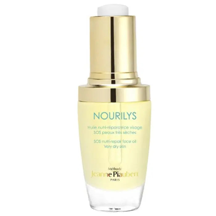 Jeanne Piaubert Nourilys Nutri Repair Face Oil for very dry skin in 30ml bottle, shown with dropper applicator.