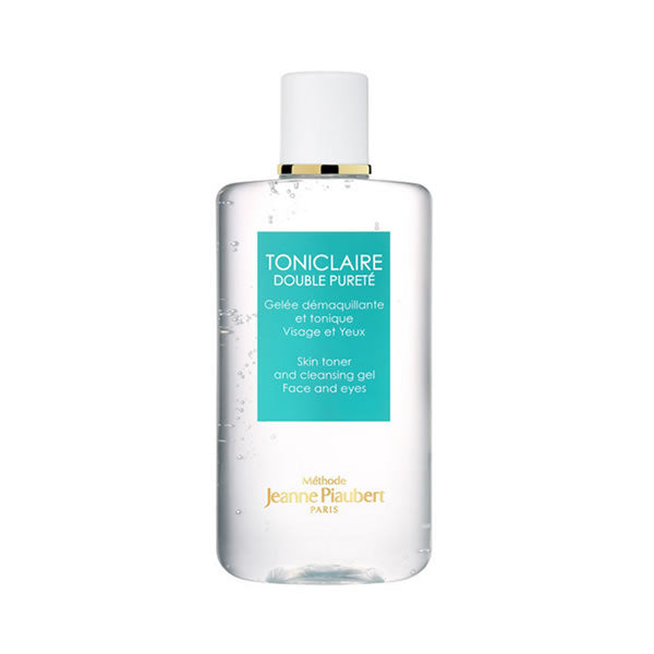 Jeanne Piaubert Toniclaire Cleansing Gel for face and eyes, 200ml, in a clear bottle with a white label and blue accents.