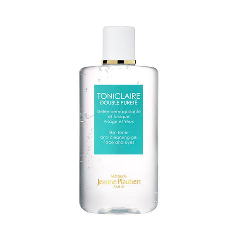 Jeanne Piaubert Toniclaire Cleansing Gel for face and eyes, 200ml, in a clear bottle with a white label and blue accents.