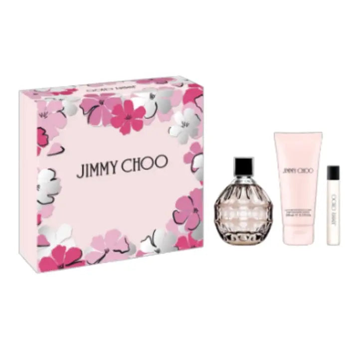 Jimmy Choo Eau De Perfume Spray 100ml set with three pieces, featuring elegant perfume bottles from Jag Couture London - New York.