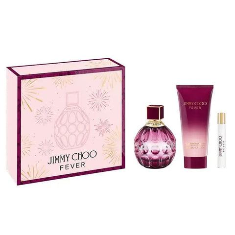 Jimmy Choo Fever Eau De Perfume spray set with three 100ml bottles, featuring elegant glass bottles with gold accents.