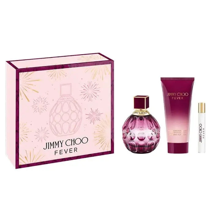 Jimmy Choo Fever Eau de Parfum Spray 100ml set with three perfume bottles, featuring elegant packaging and stylish design.