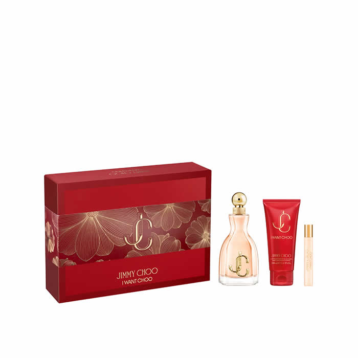 Jimmy Choo I Want Choo Eau de Parfum Spray 100ml set with three pieces, featuring elegant perfume bottles by Jag Couture London New York
