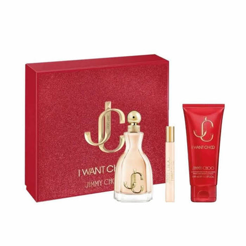 Jimmy Choo I Want Choo Eau De Parfum Spray 100ml set with three pieces, featuring elegant perfume bottles from Jag Couture London.