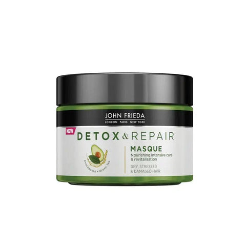 John Frieda Detox & Repair Masque in 250ml jar, nourishing hair treatment by Jag Couture London New York, shown in the image.