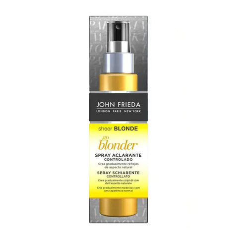 John Frieda Sheer Blonde Go Blonder Controlled Lightening Spray in 100ml bottle, showcasing the product with blonde hair in the background