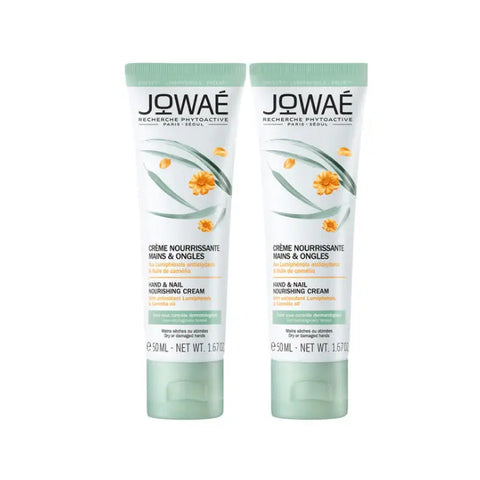 Jag Couture London New York Jowaé Hand and Nail Nourishing Cream 2x50ml jars with cream texture and elegant packaging