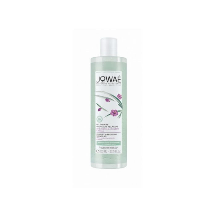 Jowae Relaxing Moisturizing Shower Gel in 400ml bottle, with calming label design, by Jag Couture London - New York.