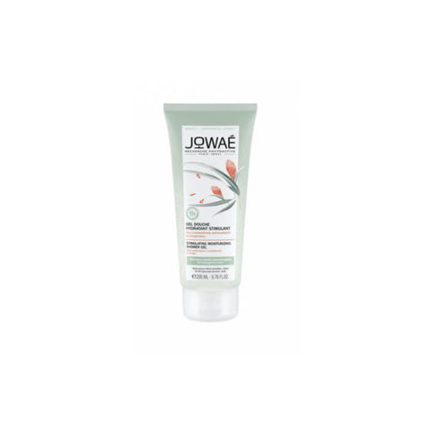 Jowae Stimulating Moisturizing Shower Gel 200ml, clear bottle with label, shown on a bathroom shelf.