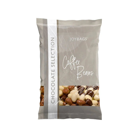 Assorted chocolate-covered coffee beans in a clear jar, by Jag Couture London - New York, showcasing glossy, coated coffee bean treats.