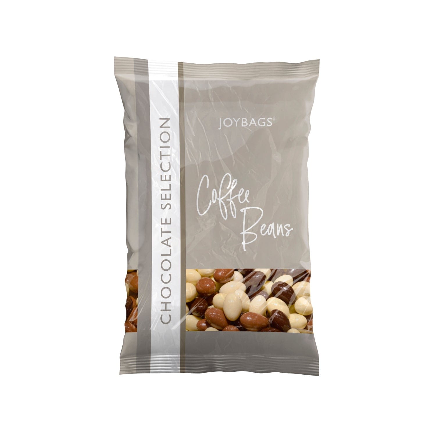 Assorted chocolate-covered coffee beans in a clear jar, branded Jag Couture London - New York Joybags, with glossy coating and rich coffee flavor.