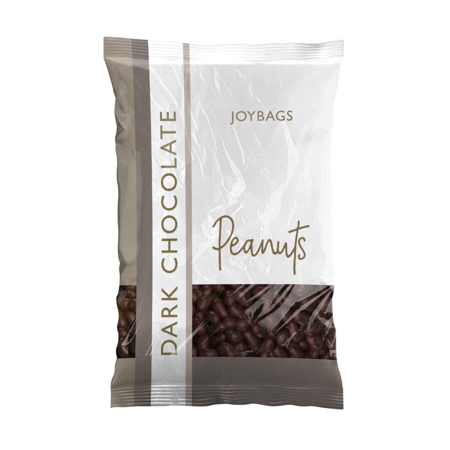 Dark chocolate covered peanuts in Joybags by Jag Couture London New York, shown in a close-up image highlighting the glossy coating.