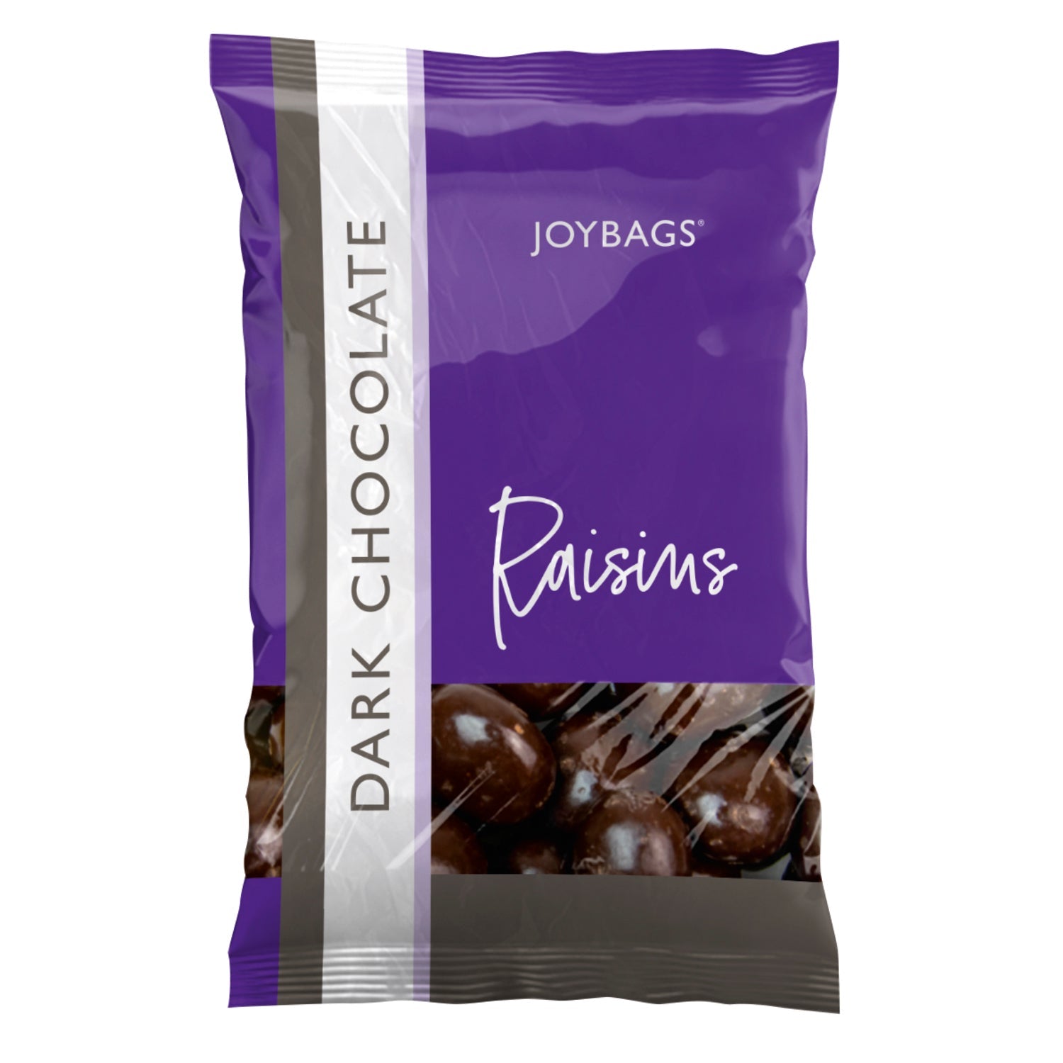 Dark chocolate covered raisins from Joybags by Jag Couture London New York, close-up view showing glossy chocolate coating and raisins.