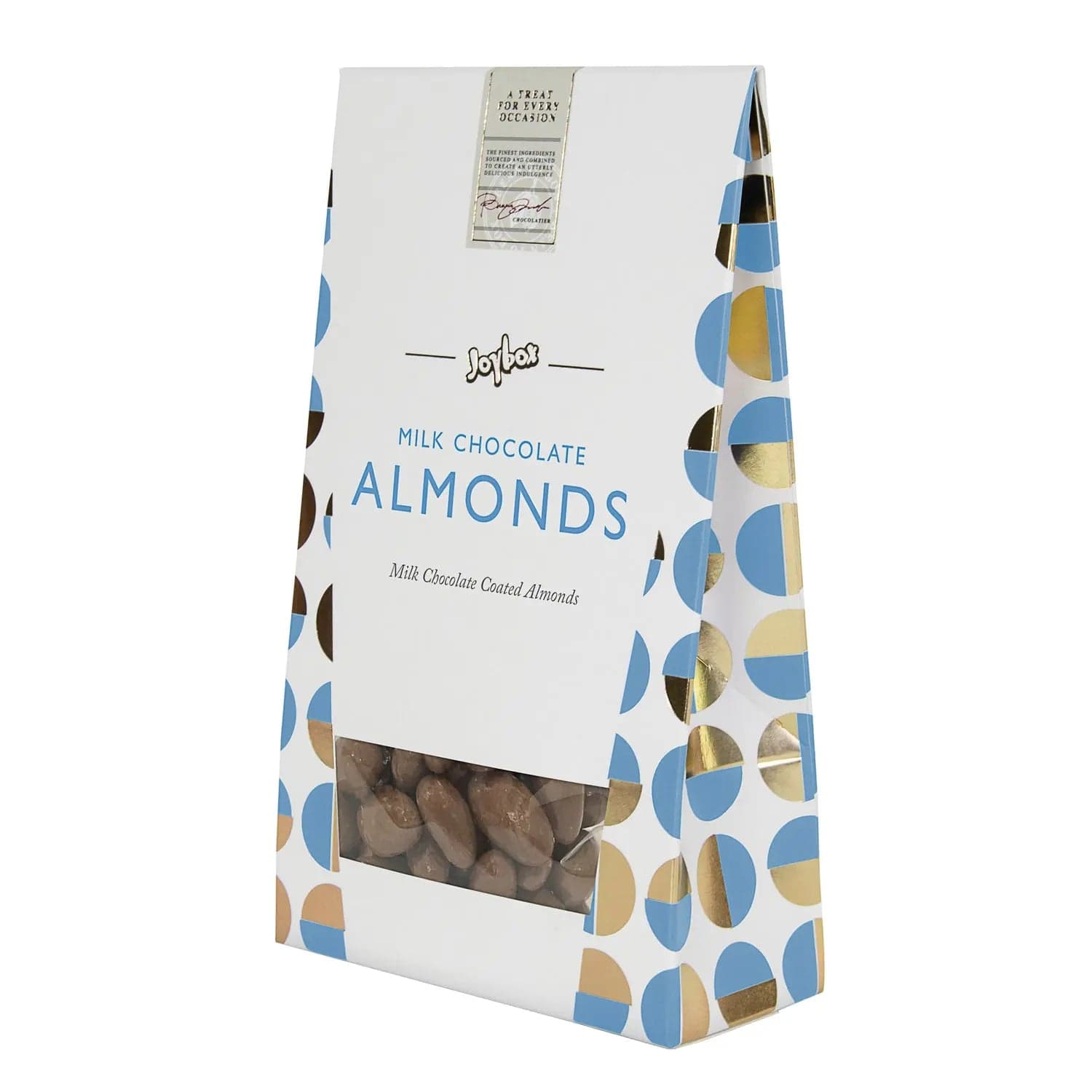 Joybox almonds coated in milk chocolate from Jag Couture London in a carton, shown in a clear image.