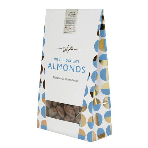 Joybox almonds coated in milk chocolate from Jag Couture London in a carton, shown in a clear image.