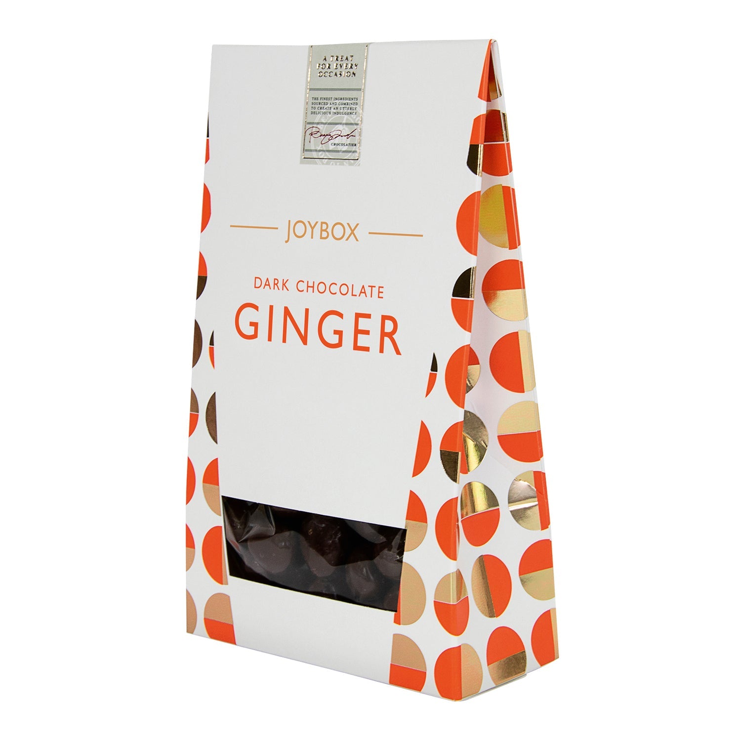 Jag Couture London New York Joybox candied ginger pieces coated in dark chocolate in a carton, ready to enjoy.