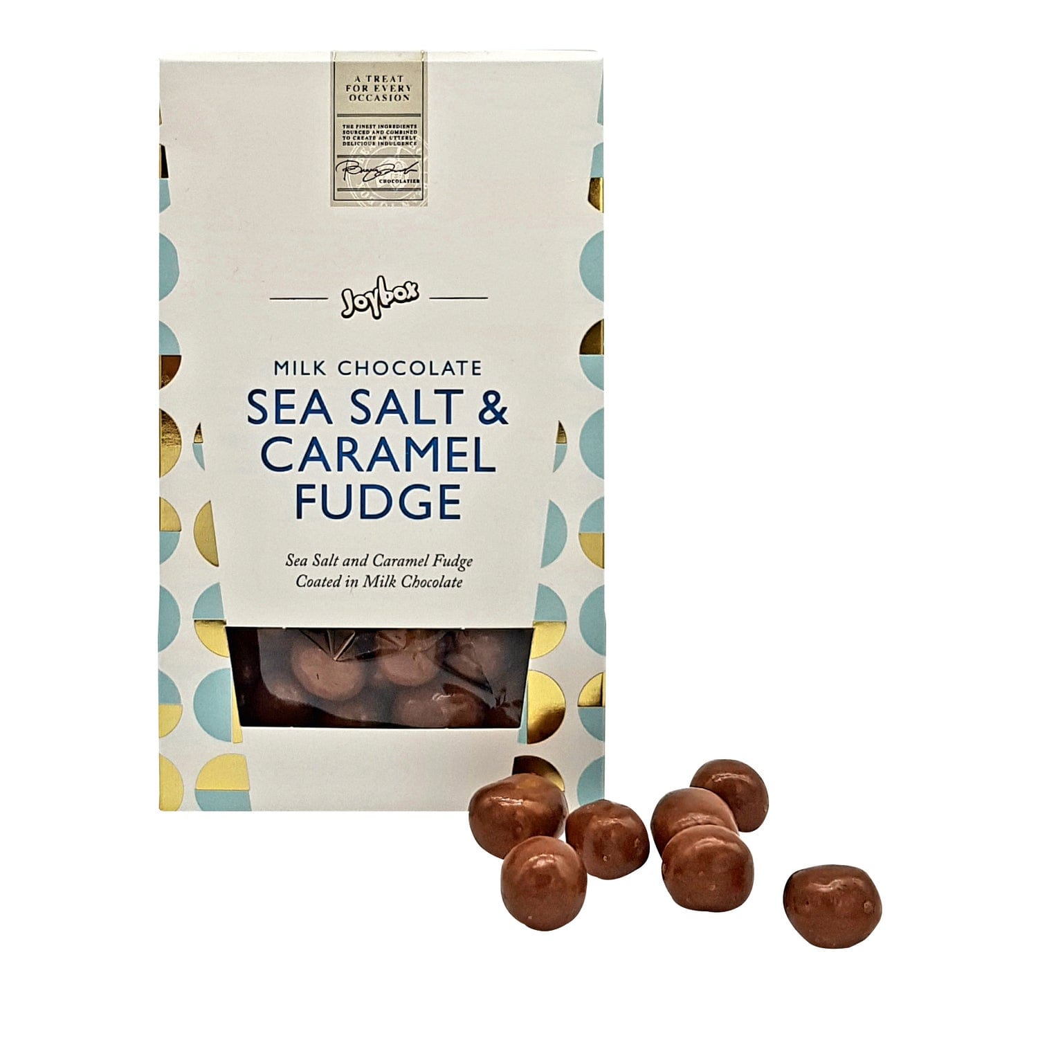 Joybox sea salt caramel fudge coated in milk chocolate from Jag Couture London - New York, shown in a carton.